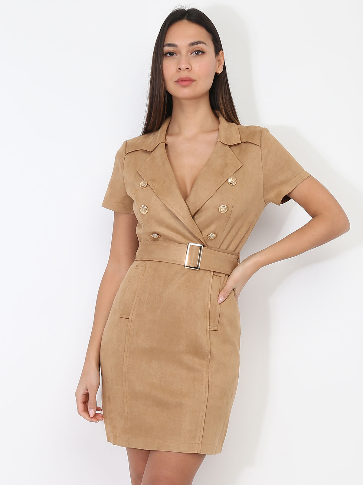 Robe blazer ceinturée en suédine- Camel