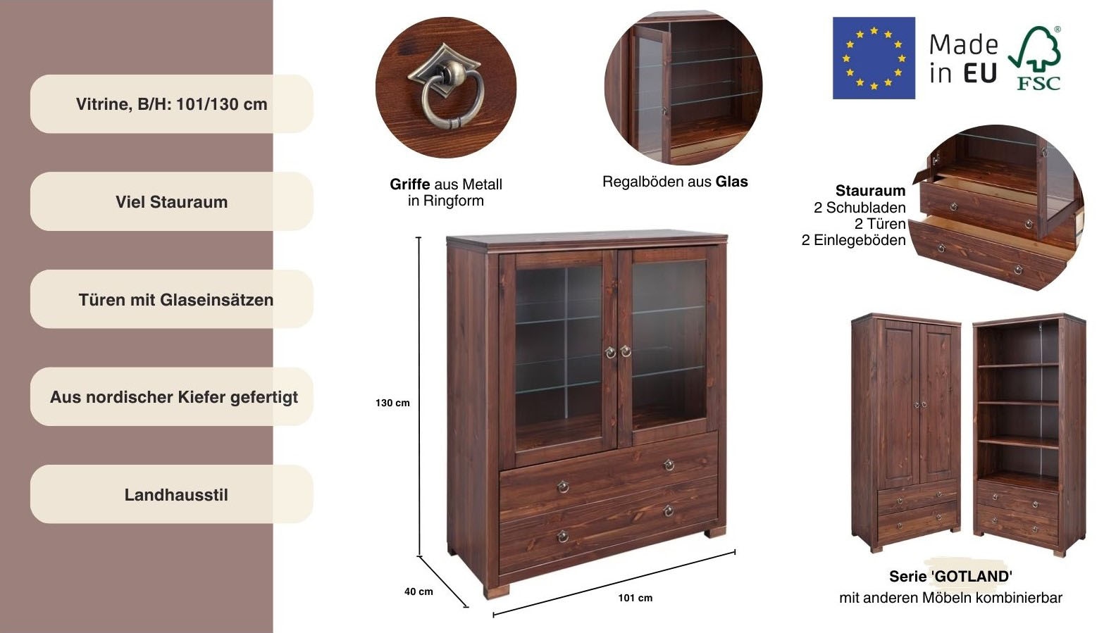 Home affaire Highboard »Gotland« Vitrine, Breite 101 cm, Türen mit Glaseinsätzen, aus massiver Kiefer