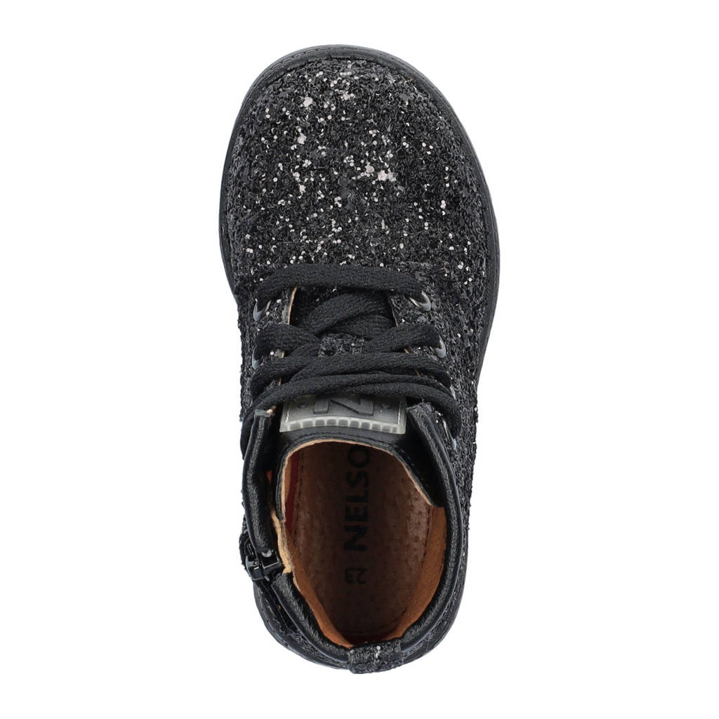 Nelson Kids leren veterboots met glitters zwart