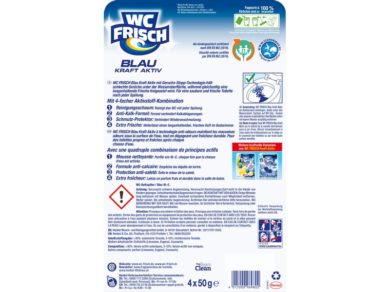 WC Frisch WC-Reiniger Blau Ocean 4er Toilettenspüler mit innovativer Formel