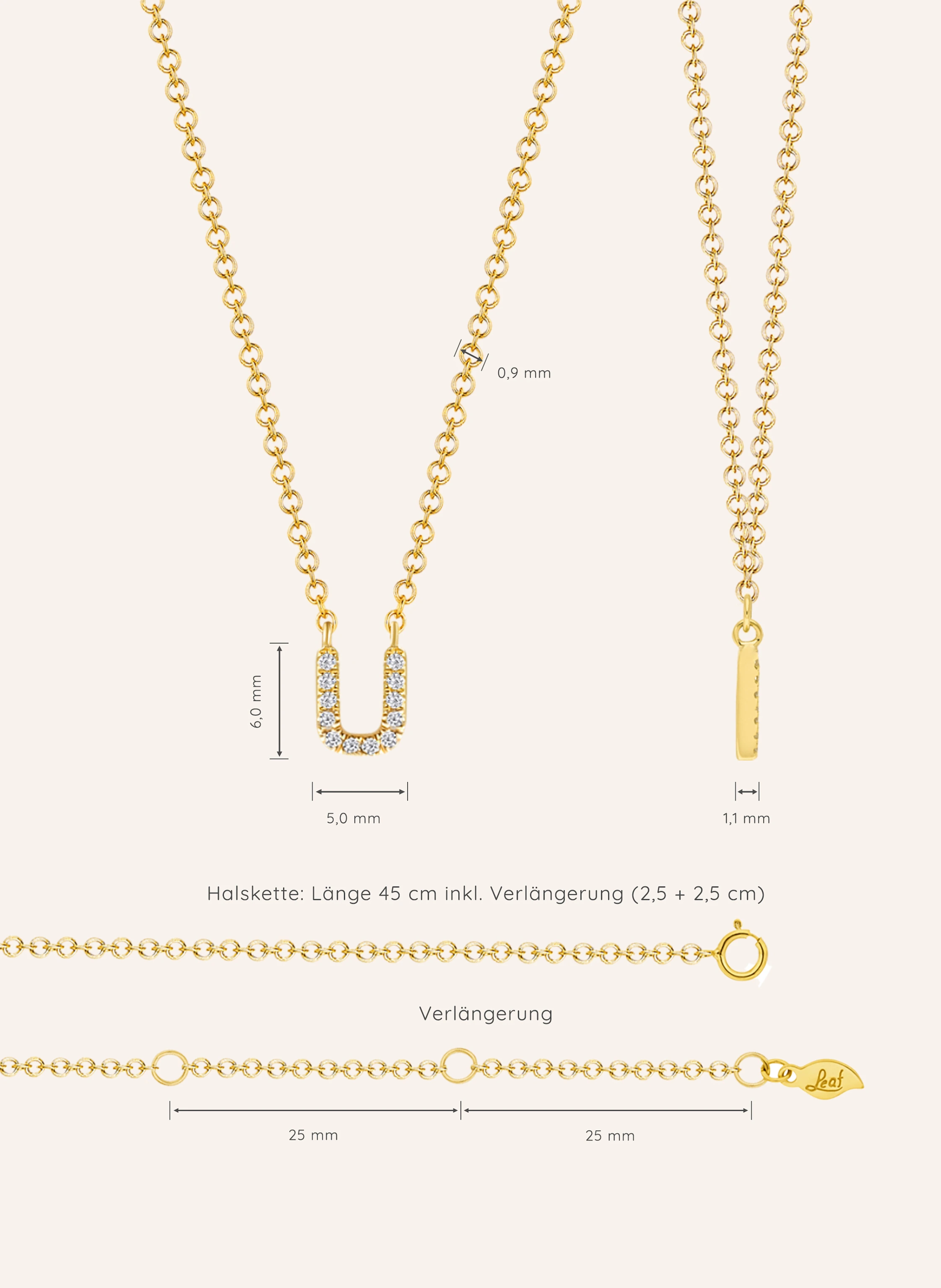 Leaf INITIALIEN Halskette „U“ aus 14 Karat Gelbgold mit Diamanten