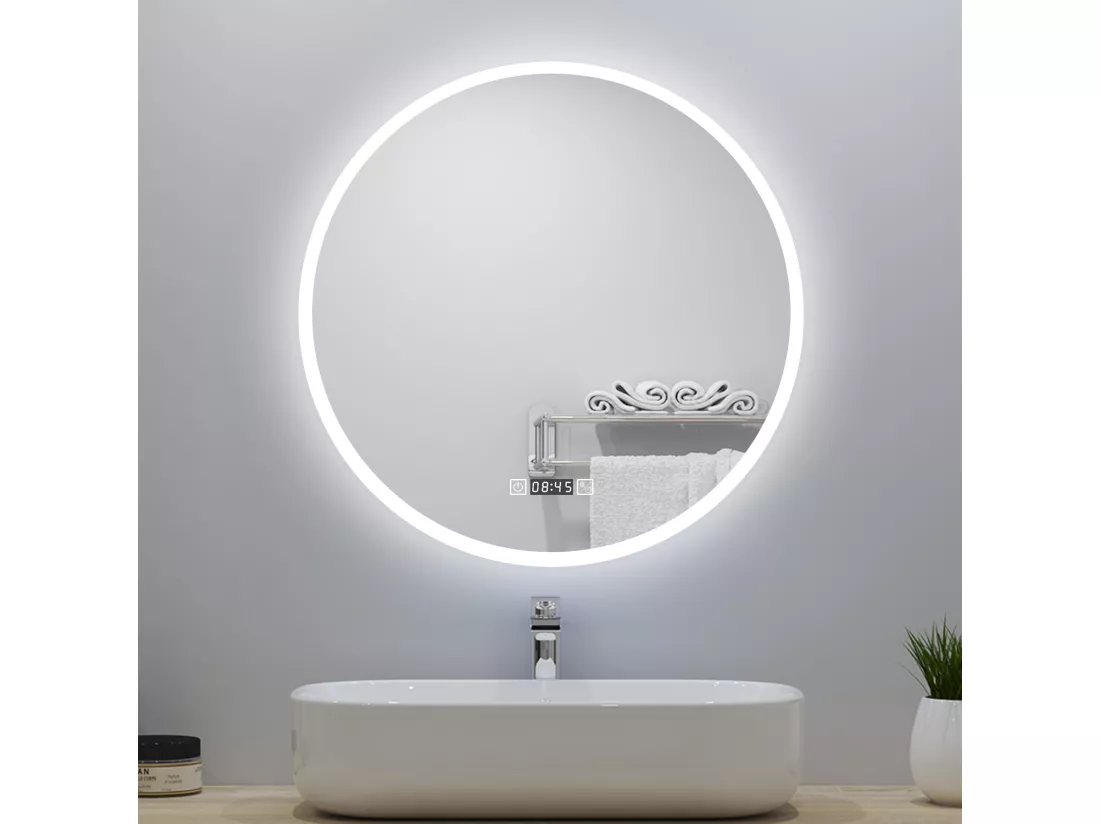 Miroir de salle de bain lumineux Rond 80cm avec Horloge + 3 Couleurs + Dimmable + Anti-buée
