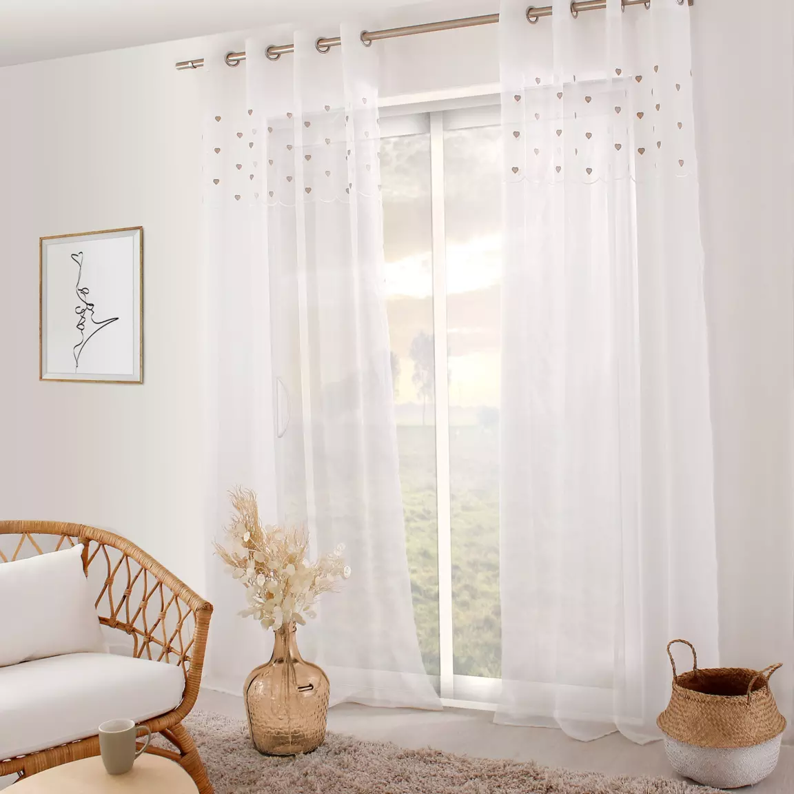 Voilage œillets (140 x 240 cm) Coeurs Beige