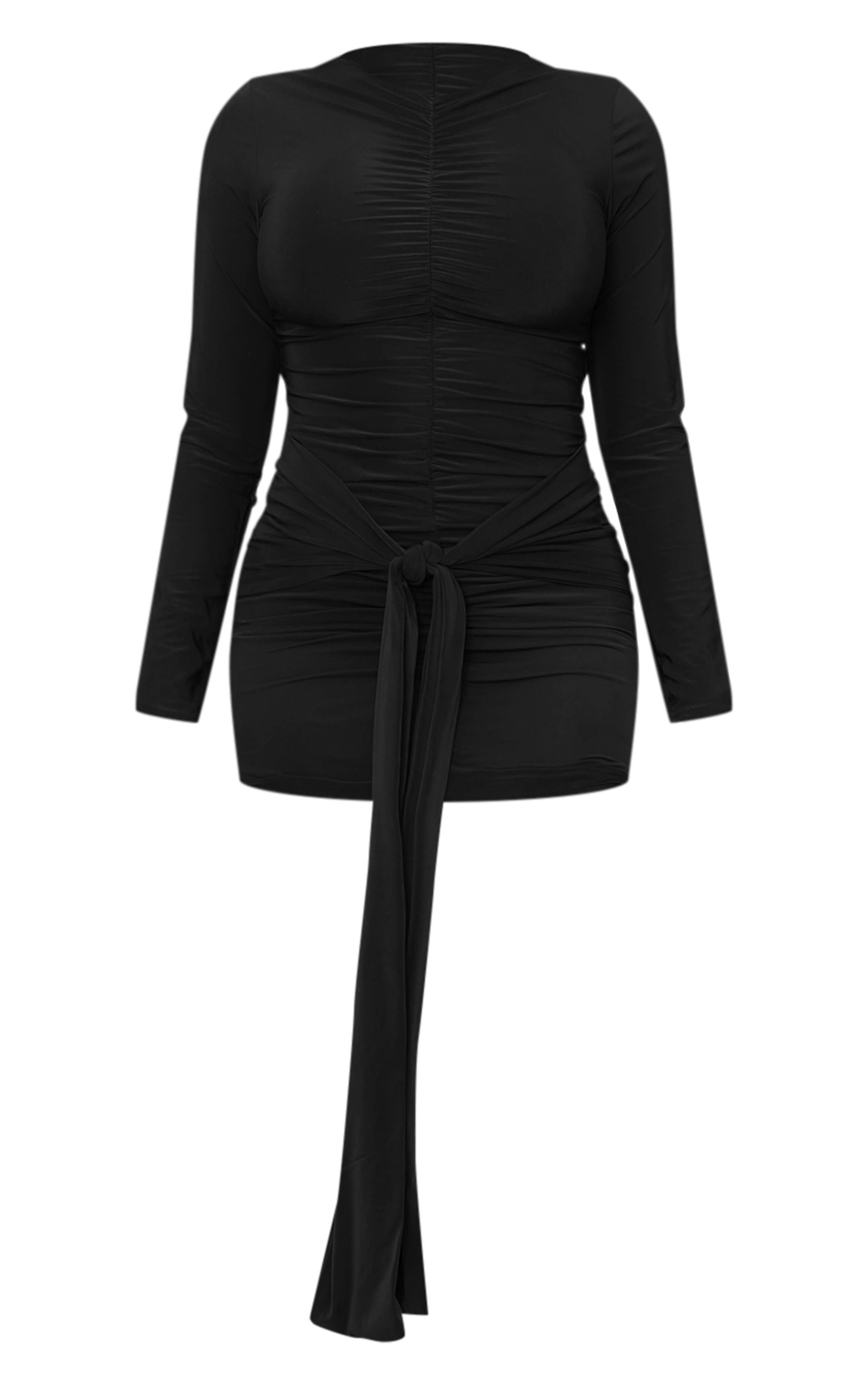 Noir Robe Mini Moulante Froncée À Encolure Cache-cœur Avec Lien À Nouer