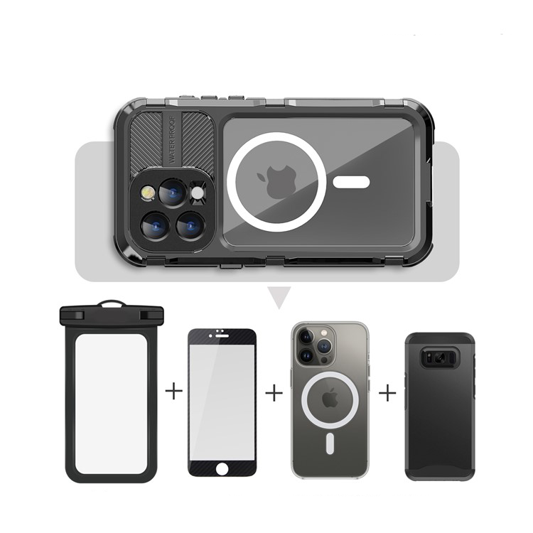 iPhone 15 Pro Wasserfeste MagSafe Alu Outdoor Schutz Hülle (IP68) - Schwarz / Transparent