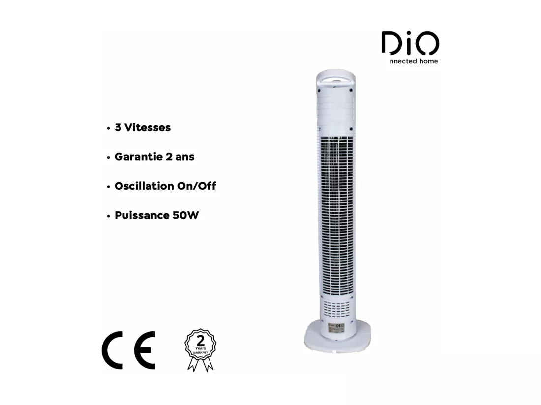 Ventilateur Colonne Silencieux et Oscillant Blanc - 50W - 79cm - 3 Vitesses - Dio