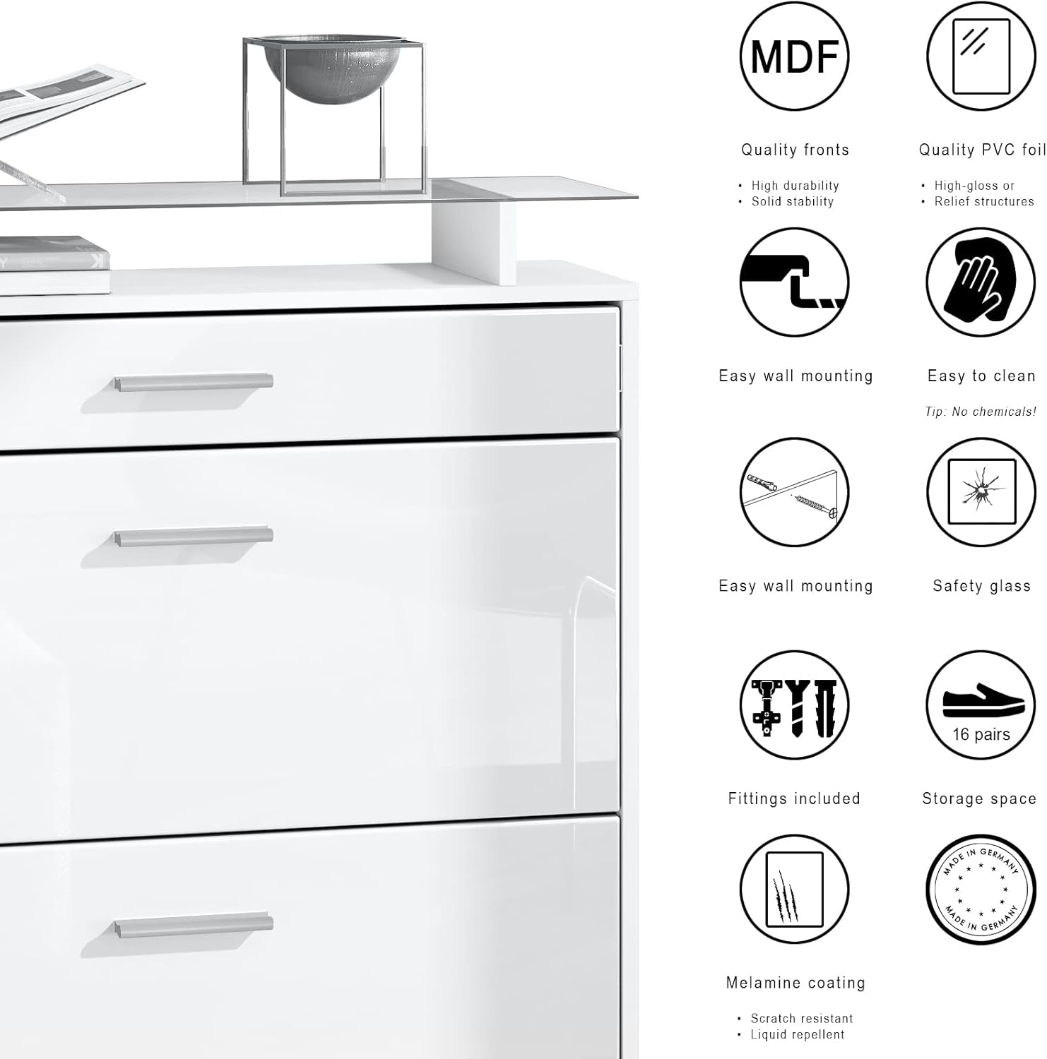 Vladon Garderobe Loret mini, Garderobenset bestehend aus 1 Schuhschrank, 1 Wandspiegel und 2 Garderobenpaneele, Weiß matt/Sandgrau Hochglanz