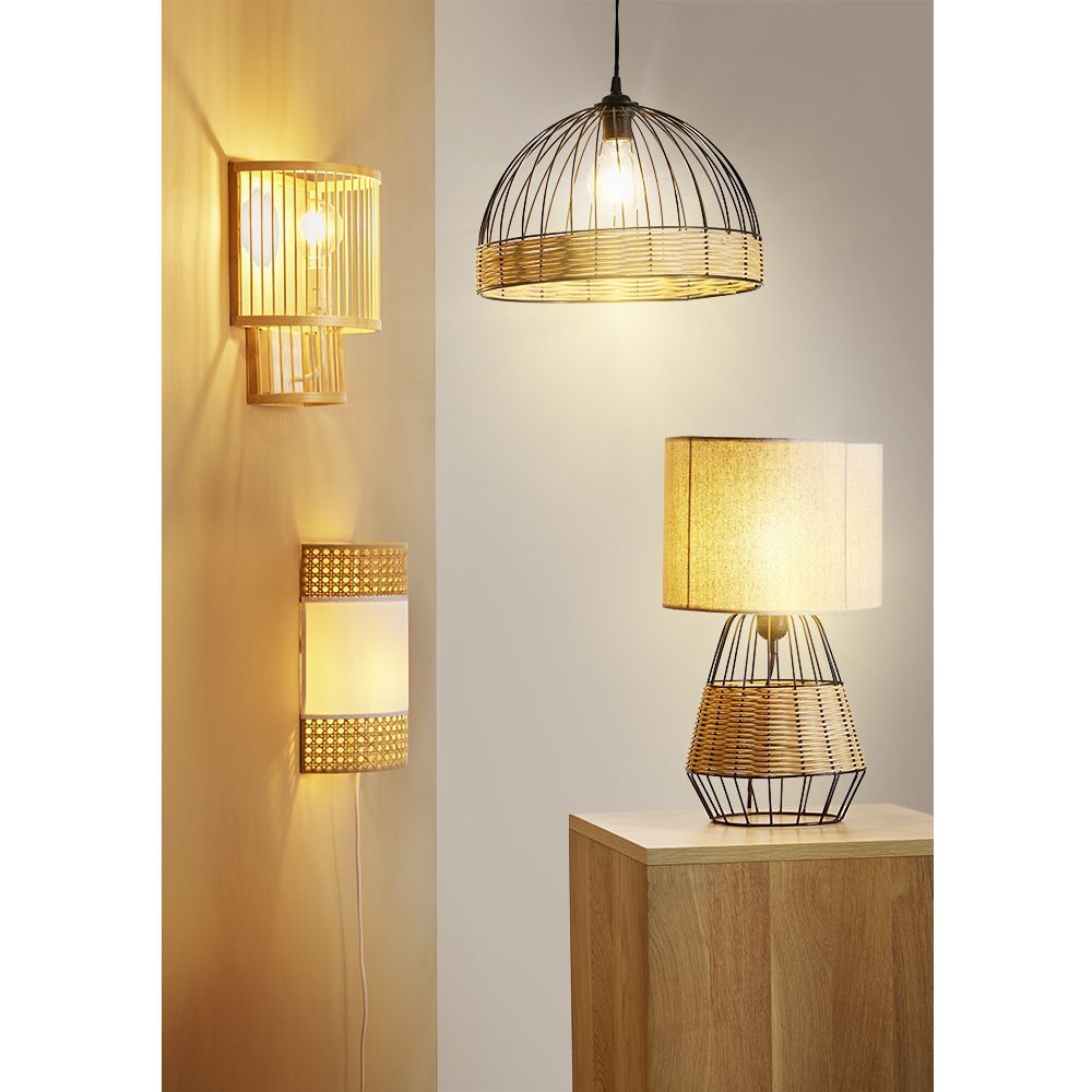Lampe de chevet métal osier marron et noir 25x25xH44cm