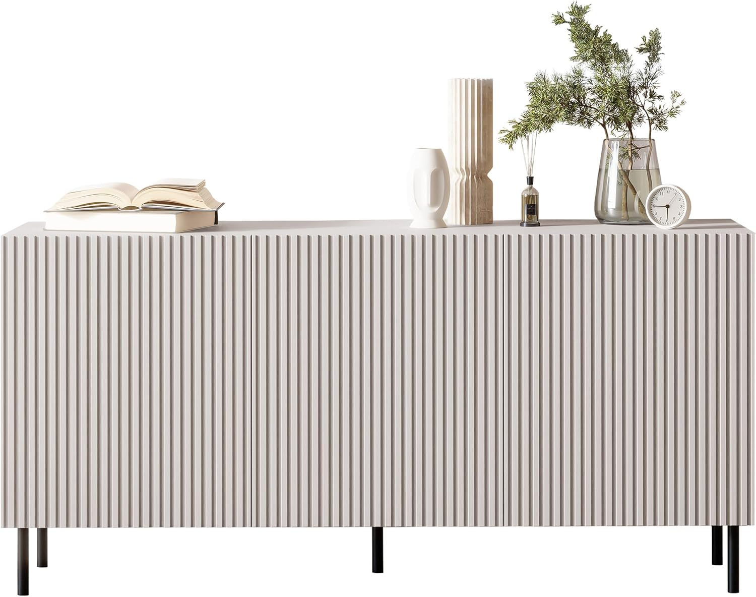 Mirjan24 Kommode Arypot 3D mit 3 Türen, gefräster Front, Griffloses System, Metallfüße, Highboard, Anrichte, Sideboard, Mehrzweckschrank, Wohnzimmerschrank (Cashmere)