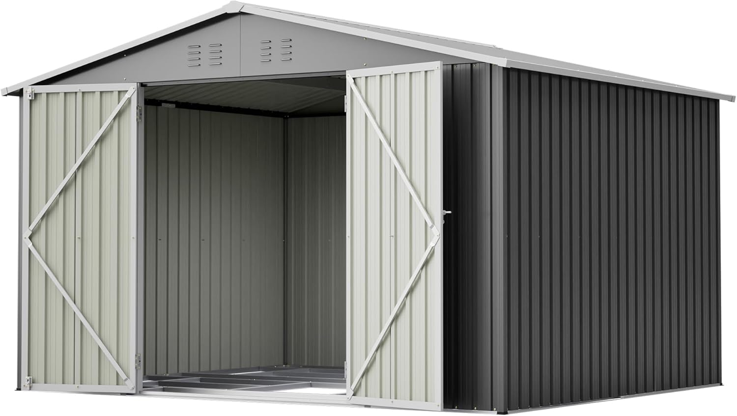 Gartenhaus Metall Geräteschuppen 300x252x191 cm mit Klapptür, Gerätehaus Gartenschuppen mit Satteldach und Stauraum, Gartenhütte Fahrradschuppen für Gartengeräte, Grau