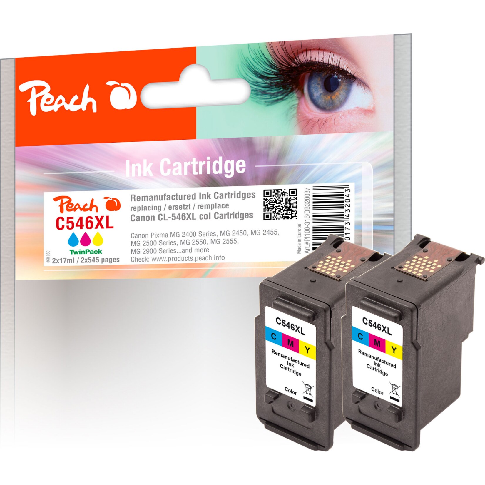 Peach C546 XL Doppelpack Druckköpfe XL 2*col ersetzt Canon CL-546XL*2, 8288B001*2 für z.B. Canon Pixma TR 4550, Canon Pixma TR 4650 (wiederaufbereitet)