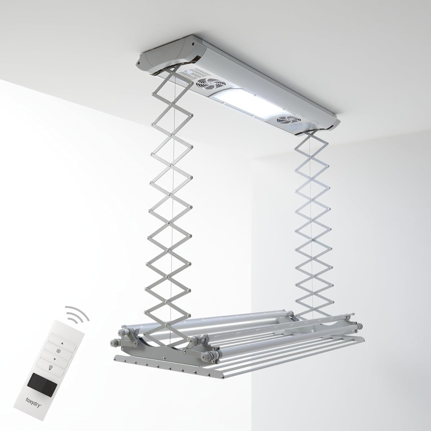Foxydry Air, Elektrischer Wäscheständer für Wand und Decke mit Ventilator und Fernbedienung, aus Aluminium und Stahl (160 cm)