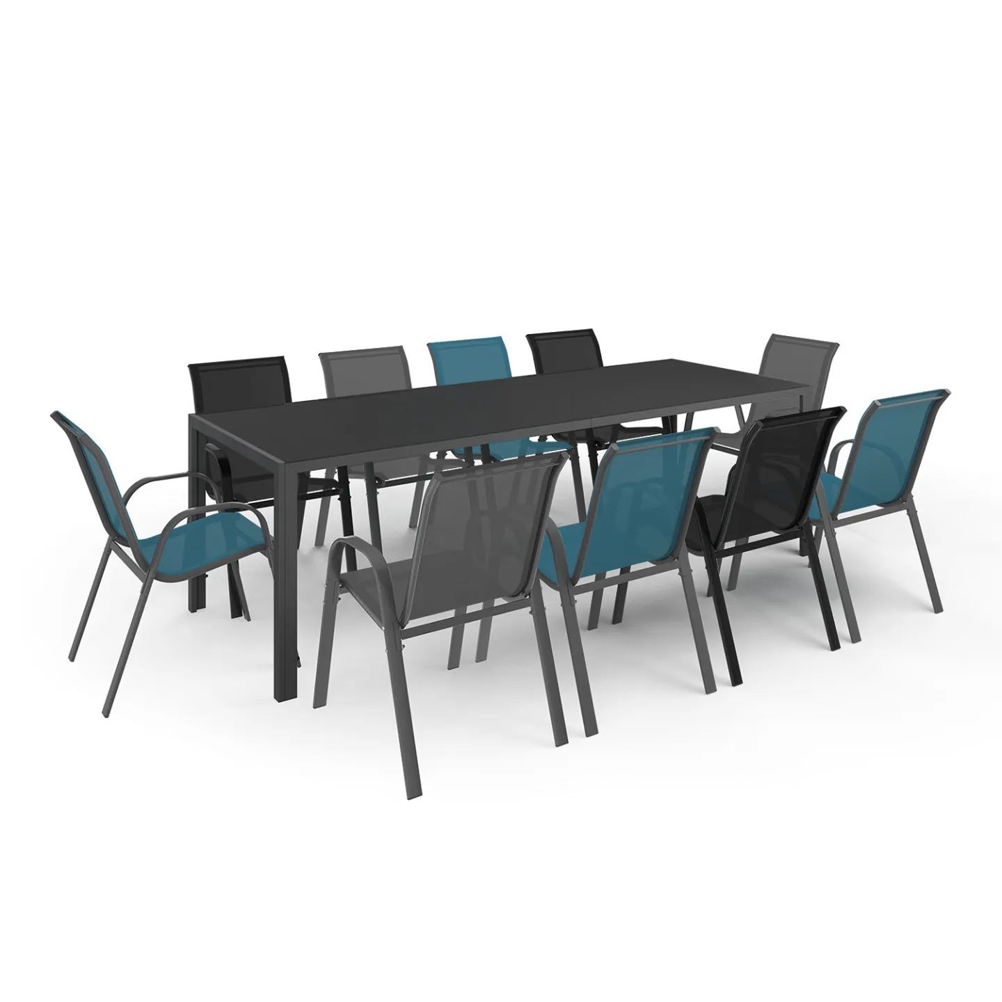 Salon de jardin MADRID table 240 CM et 10 chaises empilables mix color bleu, gris et noir