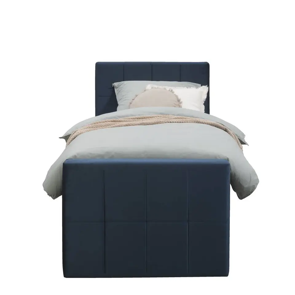 Boxspring met opbergruimte en voetbord Liv geblokt - blauw - 90x200cm