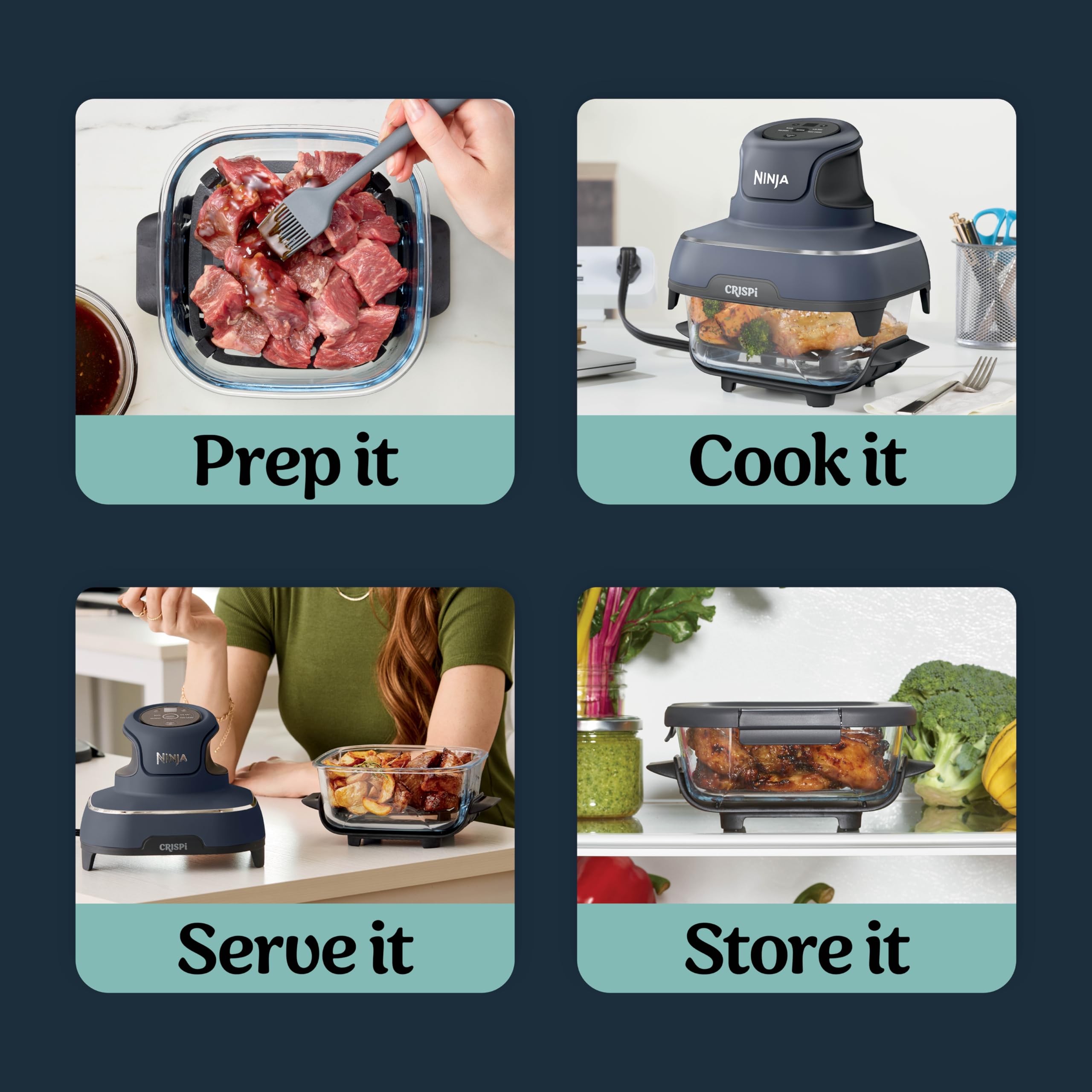 Ninja Crispi 4-in-1 Portable Glass Air Fryer Cooking System, 1500W, 4QT & 6-Cup TempWare Glass Containers with Storage Lids, Microwave, Freezer & Dish