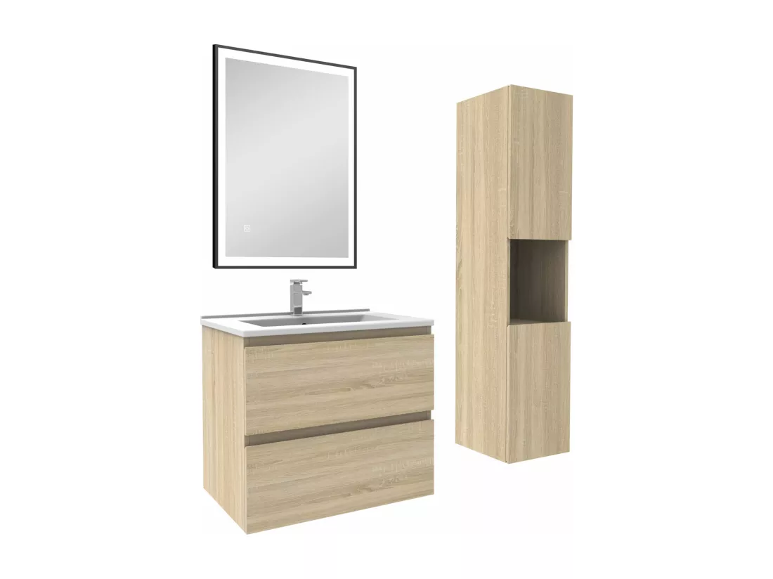 Meuble salle de Bain 60cm avec colonne et miroir 3 couleurs Chêne Wotan