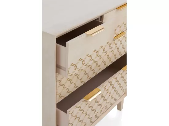 Commode 5 tiroirs en placage chêne et coloris beige