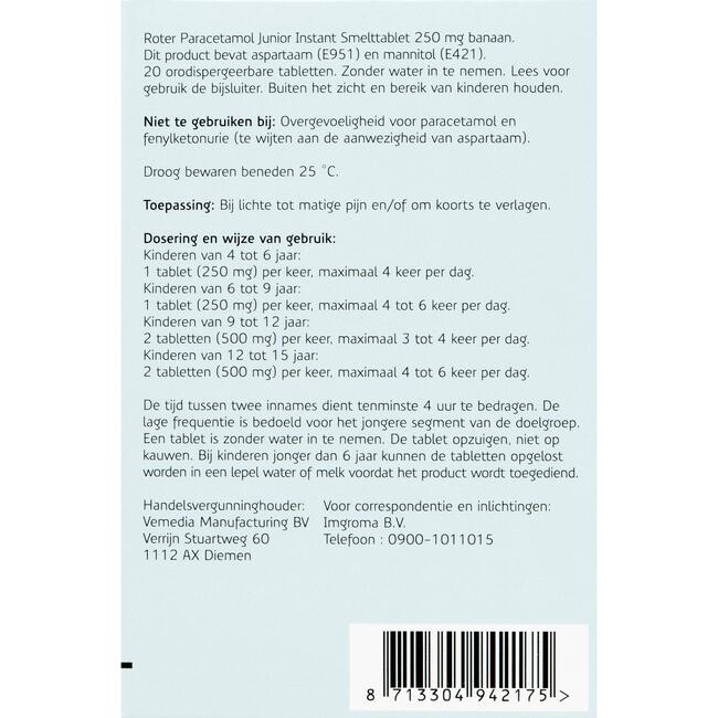 Roter Paracetamol smelttablet 250 mg Junior 20 tabletten