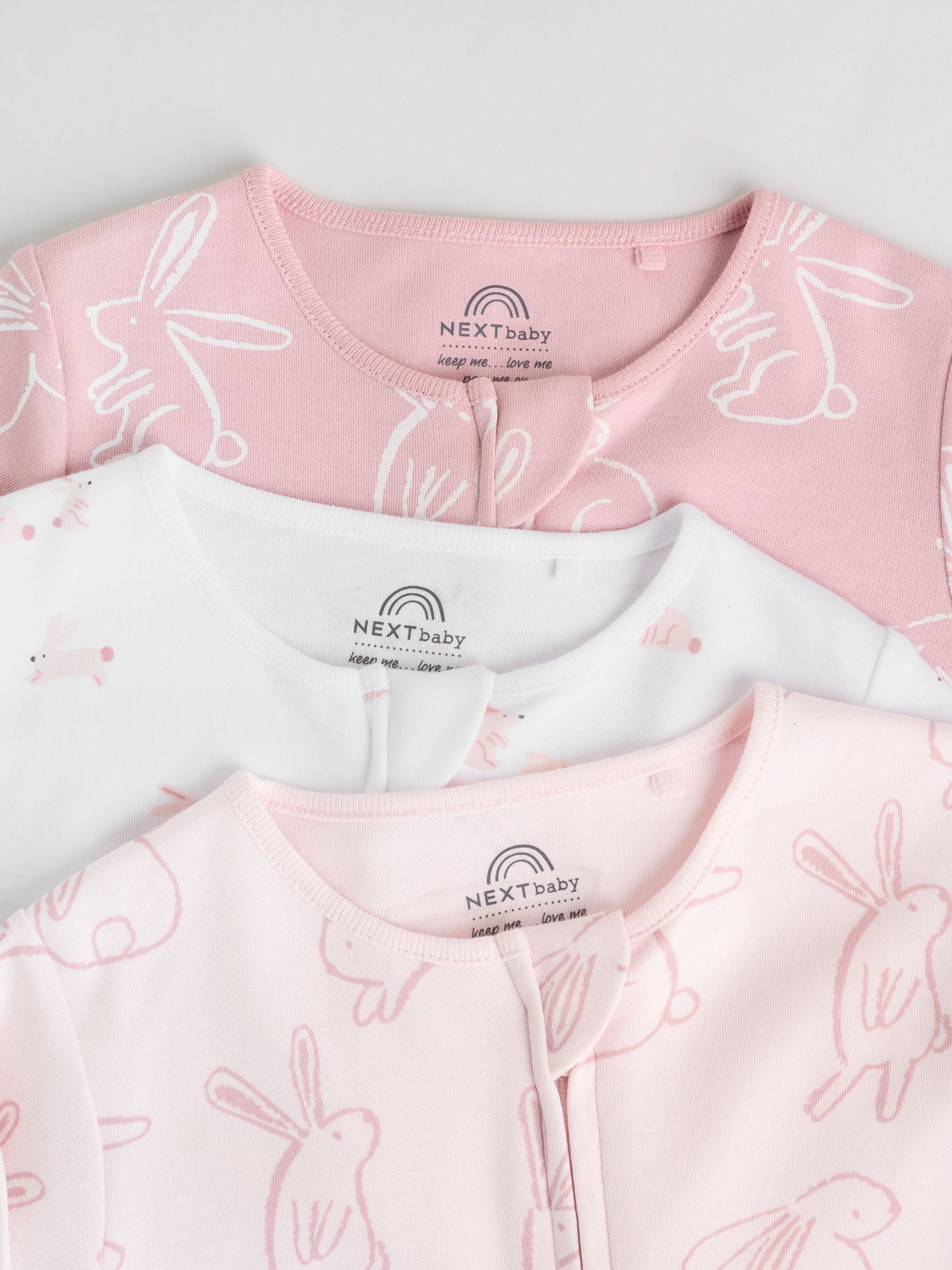 Roze met konijnen - Verpakking van 3 babyslaappakjes met tweewegrits (0 mnd - 2 jr)