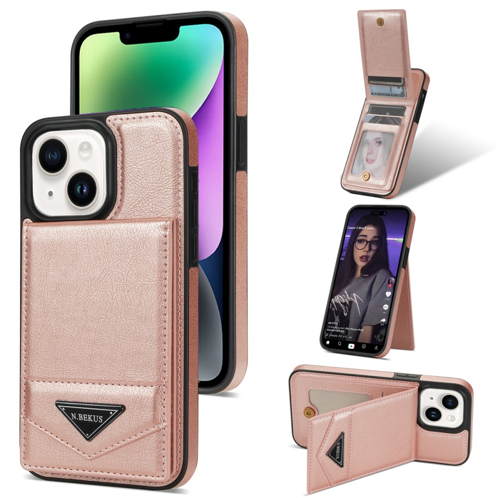 iPhone 14 Hybrid Leder Hardcase Hülle mit Kartenfächer mit Aufsteller (RFID Schutz) - Roségold