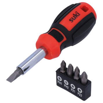 suki korte schroevendraaier met 5 bits PH1 2, PZ1 2 en SL6