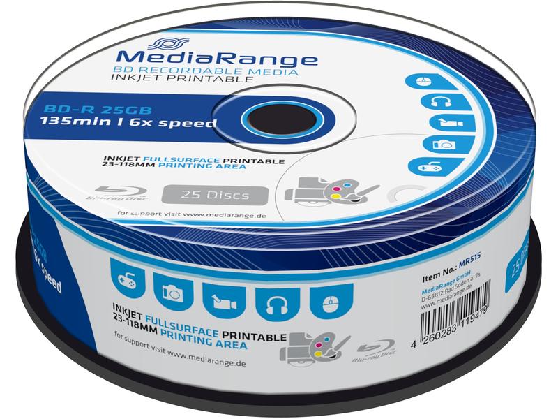 MediaRange BD-R 25 GB, Spindel (25 Stück) Blu-ray, 25 GB, 25er-Spindel