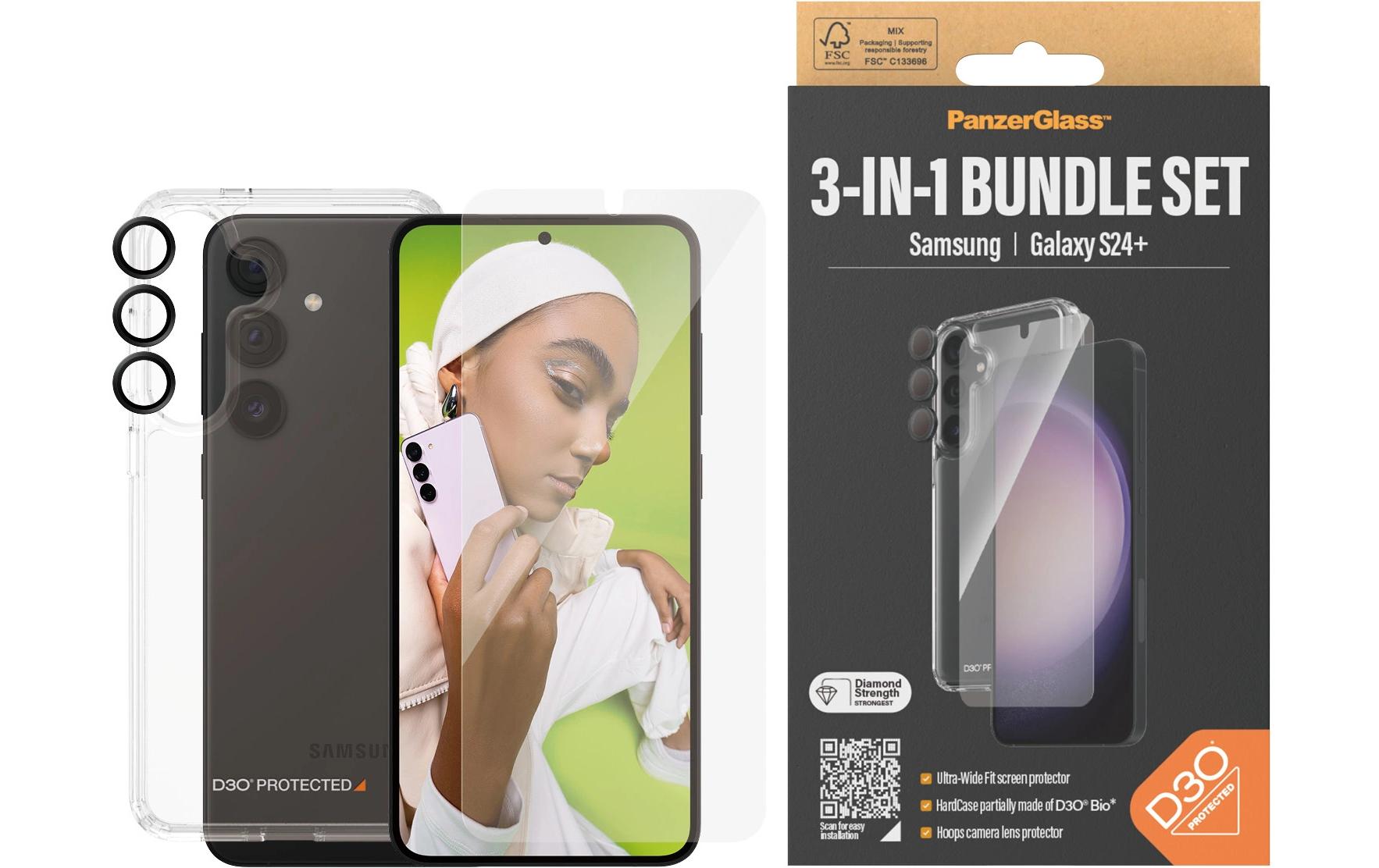3-in-1 Bundle Galaxy S24+3-in-1 Set mit Bildschirmfolie, Schutzhülle und Kamera-Schutz für das Samsung Galaxy S24+
