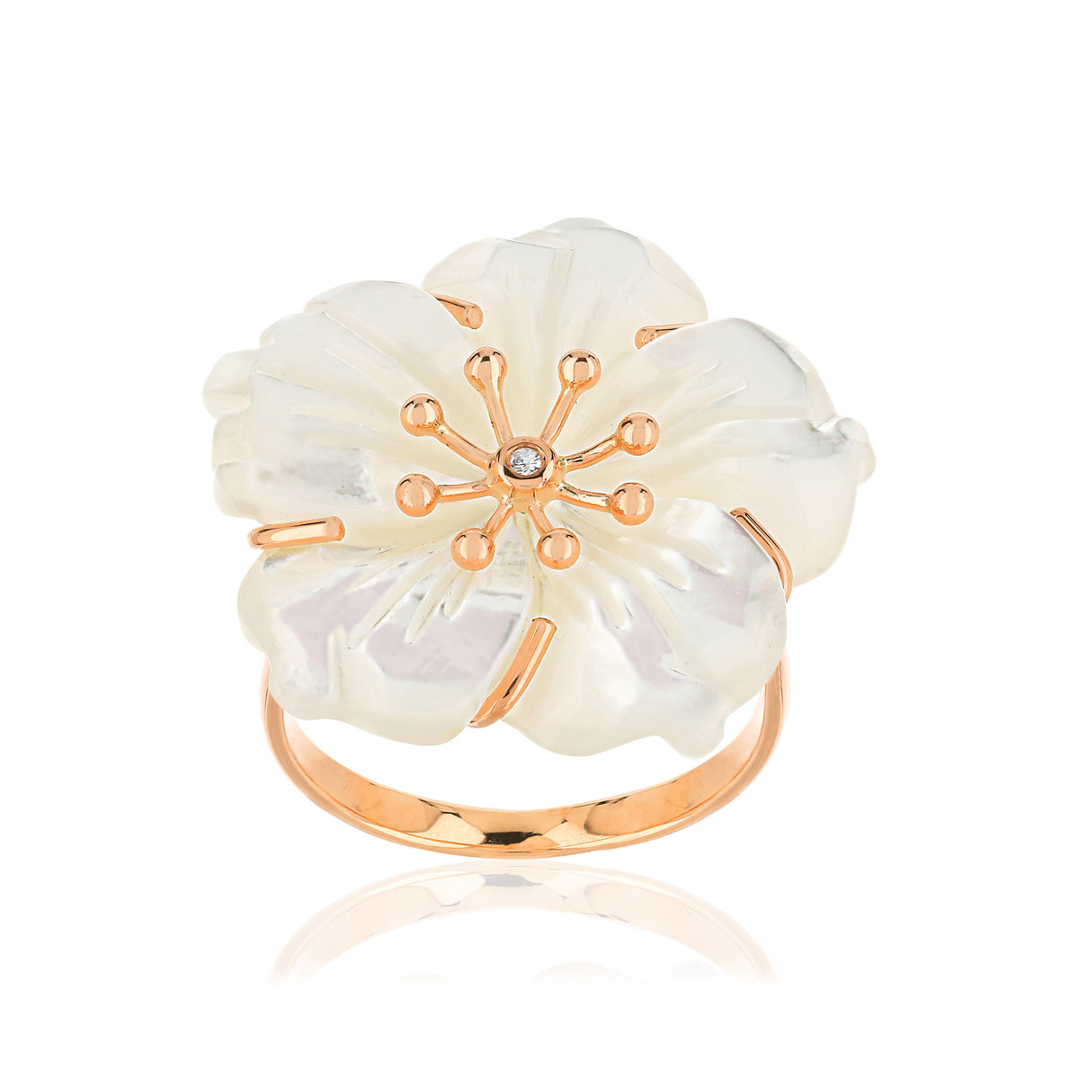 Bague or rose 375 fleur nacre et diamant