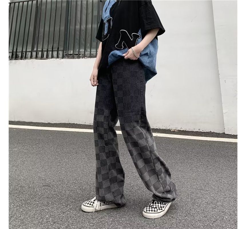 Urtishia - High-waist Gradient Plaid Wide-Leg Jeans