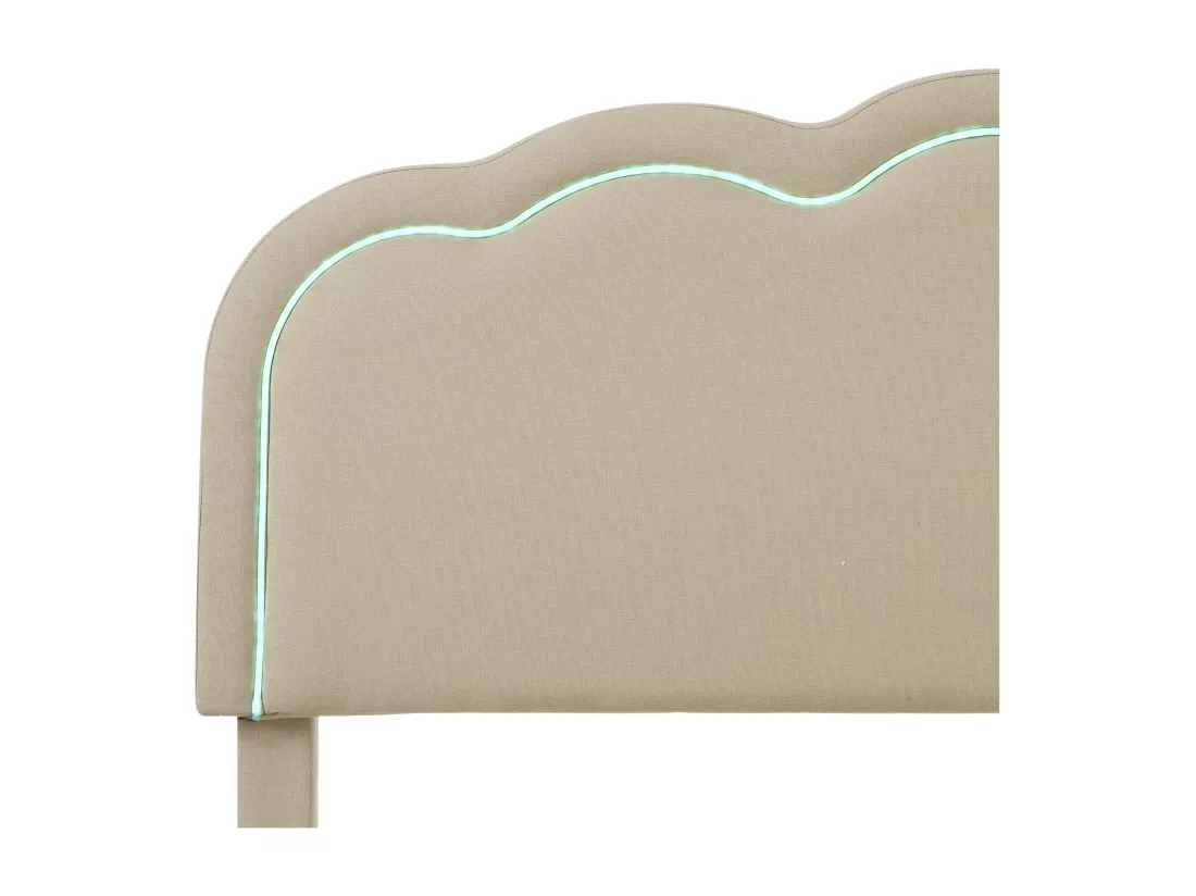 Lit capitonné 90 x 190 cm avec tête de lit réglable pour chambre à coucher - LEDs - tissu lin - beige