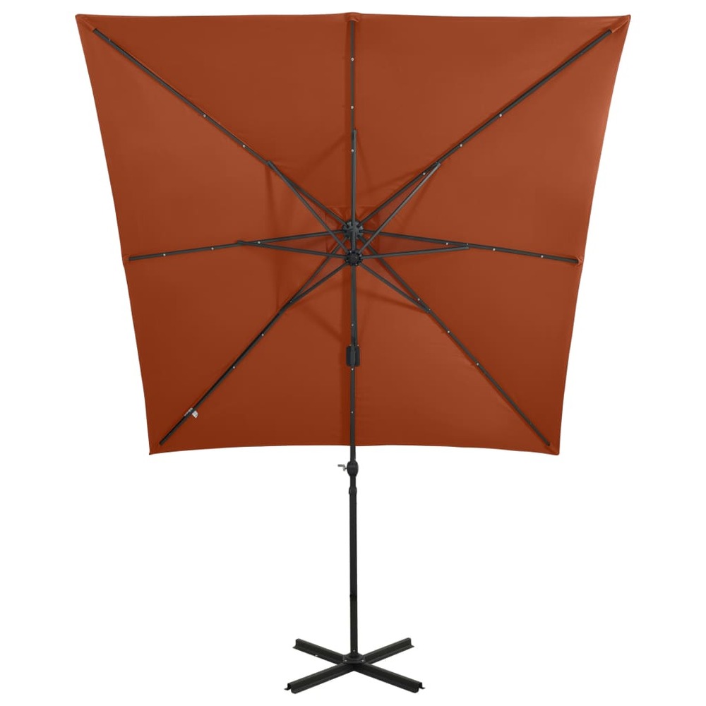 Parasol meuble de jardin déporté avec mât et lumières led 250 cm terre cuite