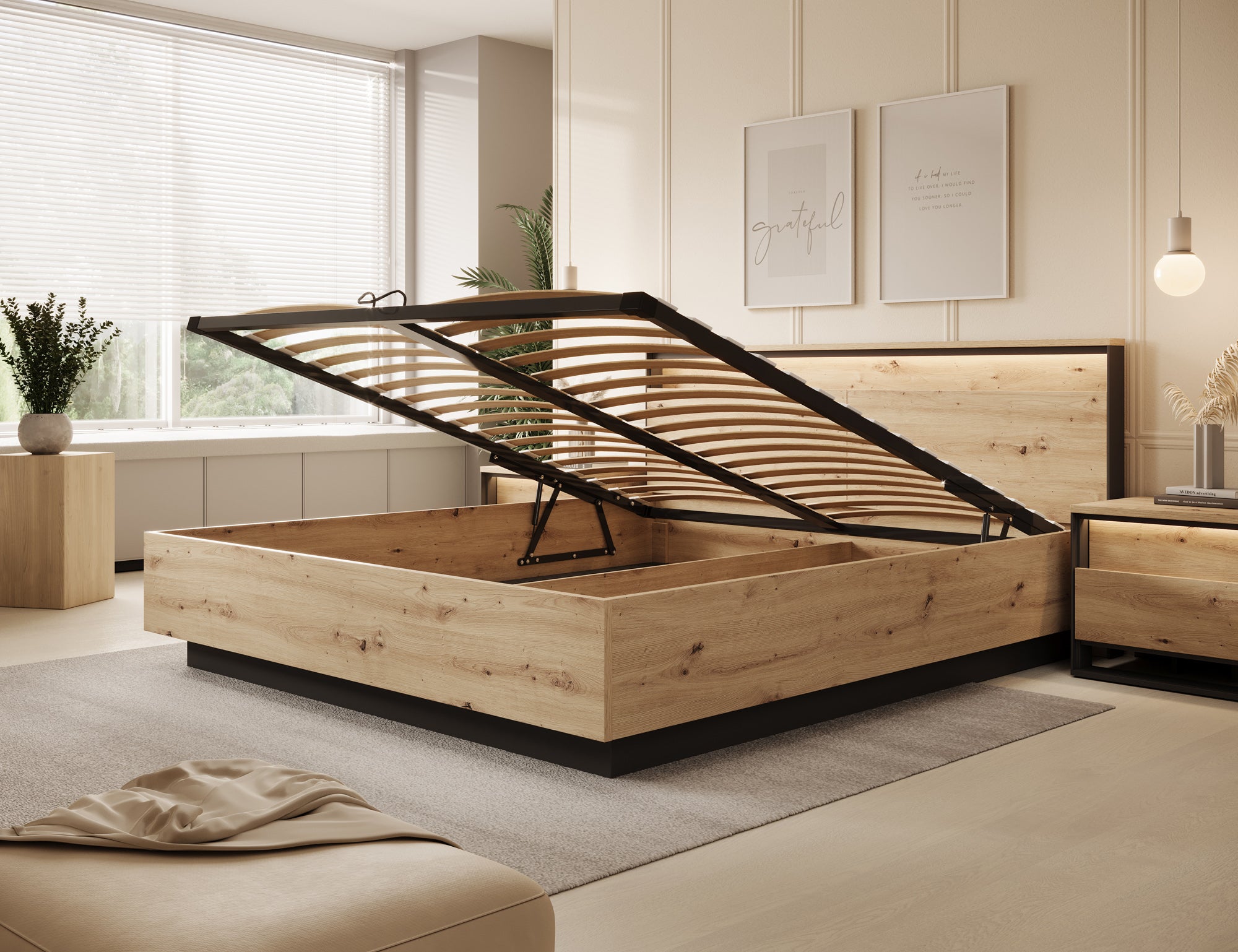 Quarry - Tweepersoonsbed met opbergruimte - Eiken - 180x200 cm