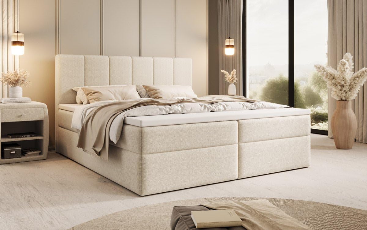 Luxusbetten24 Boxspringbett Aurelia Bouclé 180x200 mit Stauraum | Bezug: Bouclé | Farbe: Beige | Härtegrad: