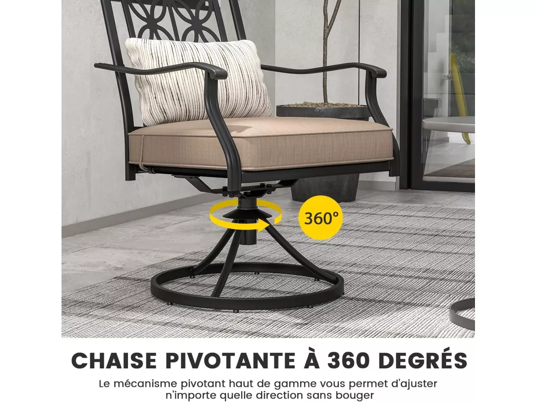 Lot de 2 Chaises de Jardin avec Coussin Amovible, Chaises Pivotantes à 360° avec Cadre en Métal, Fauteuil d'Extérieur avec Dossier à Motif Fleuri pour Cour, Patio, Charge 150 KG (Style 1)
