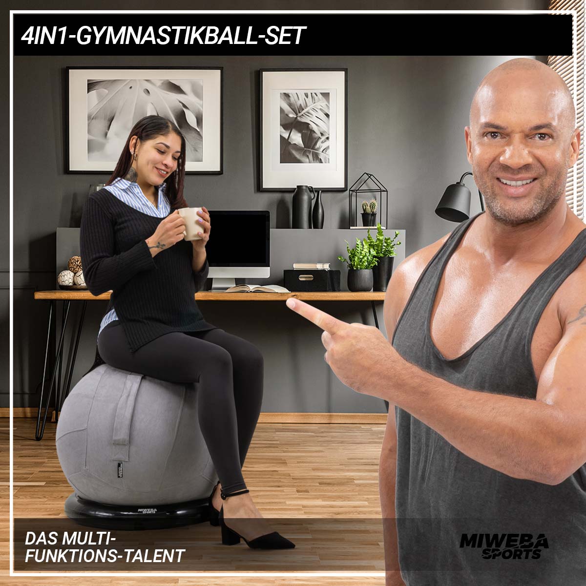 Miweba Sports 4in1-Gymnastikball-Set, Sitzball, 65 cm, Ballschale, Pumpe, Bezug, Schlingentrainer (Grau)