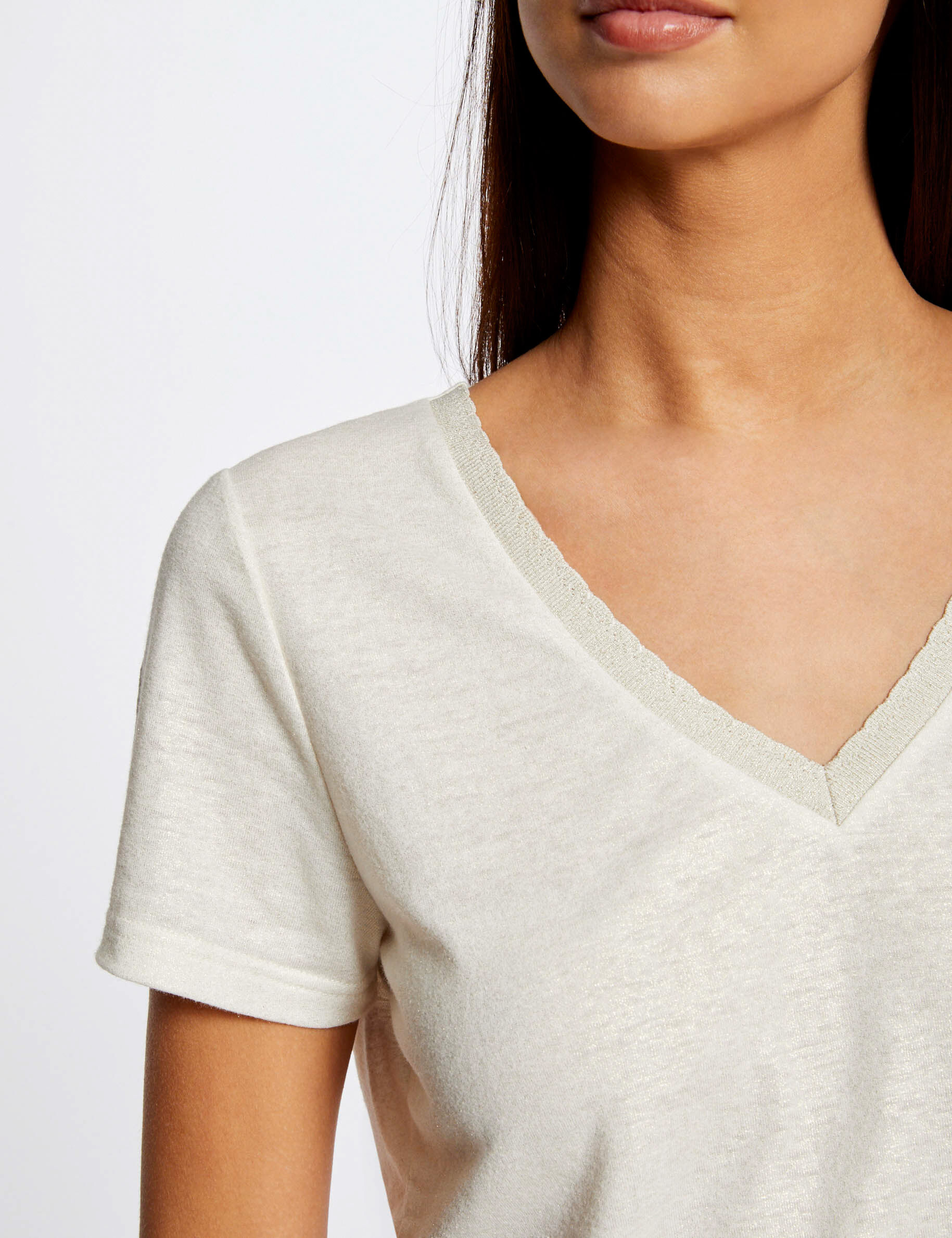 T-shirt manches courtes col en V ecru femme - ecru