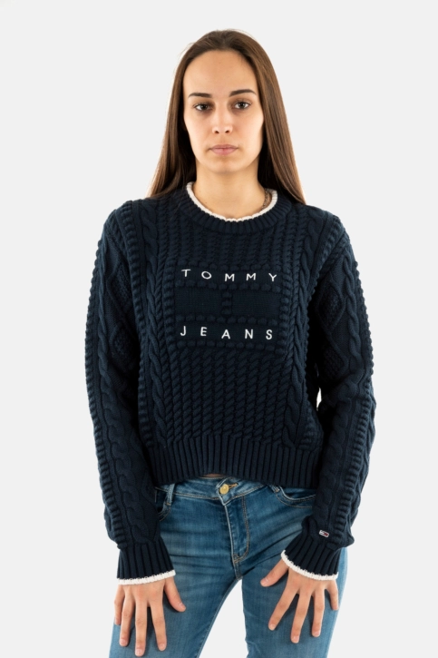 Pull hiver tommy jeans bubble cable c1g dark night navy