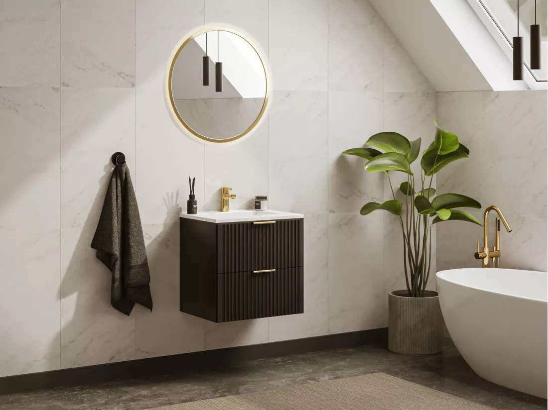 Meuble de salle de bain suspendu strié avec vasque à encastrer - Noir - 60 cm - ZEVARA