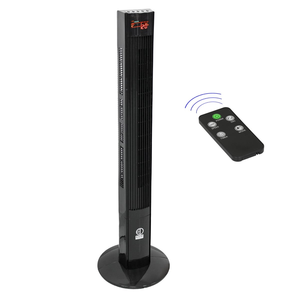 ECD Germany Torenventilator met LED-display en afstandsbediening XL, 45W, 116 cm, zwart, met 3 snelheidsstanden en ventilatiestanden, 140° oscillatie, staande ventilator, kolomventilator