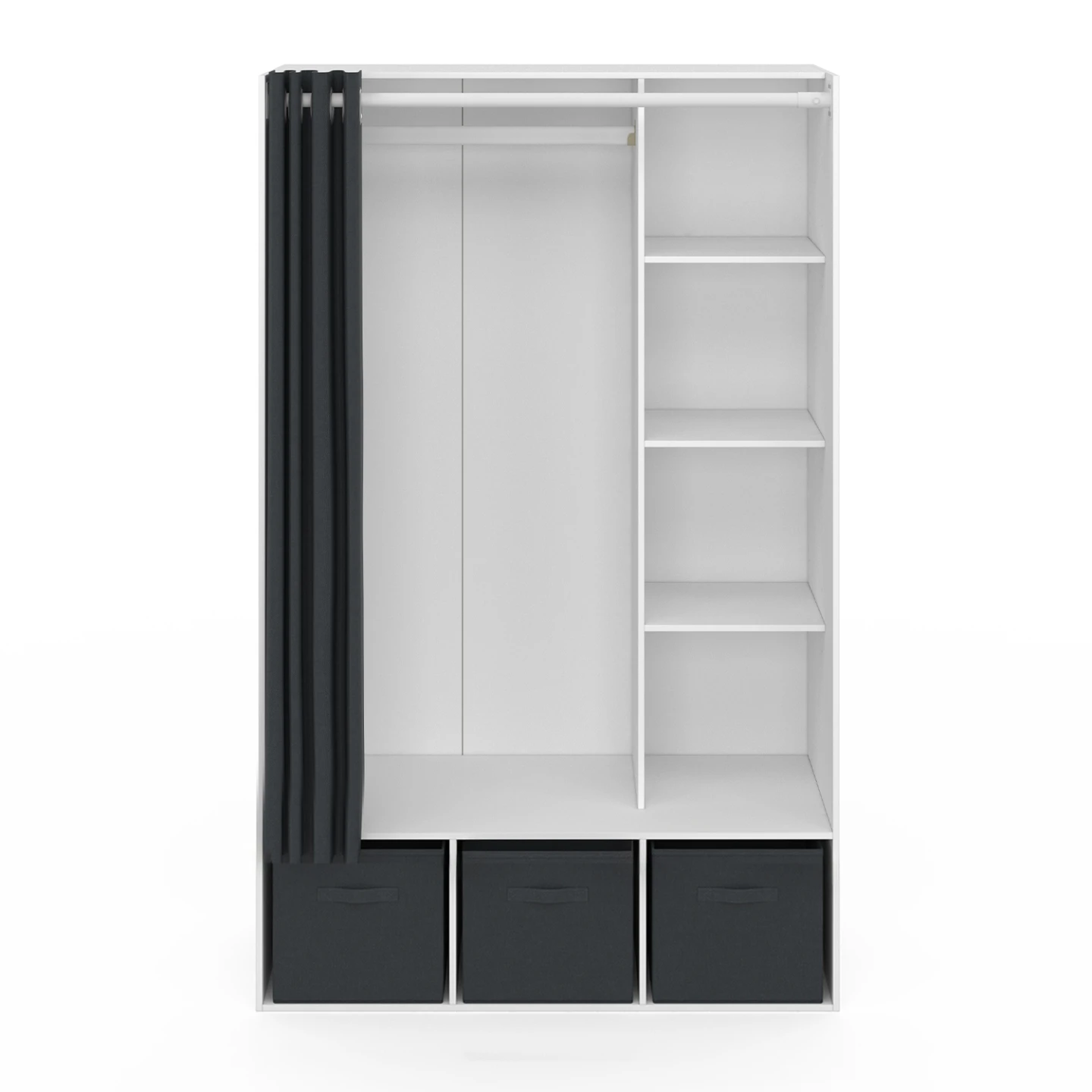 Dressing penderie DIANE 105 x 50 x 172 cm blanc avec étagères + boites de rangement + rideau gris