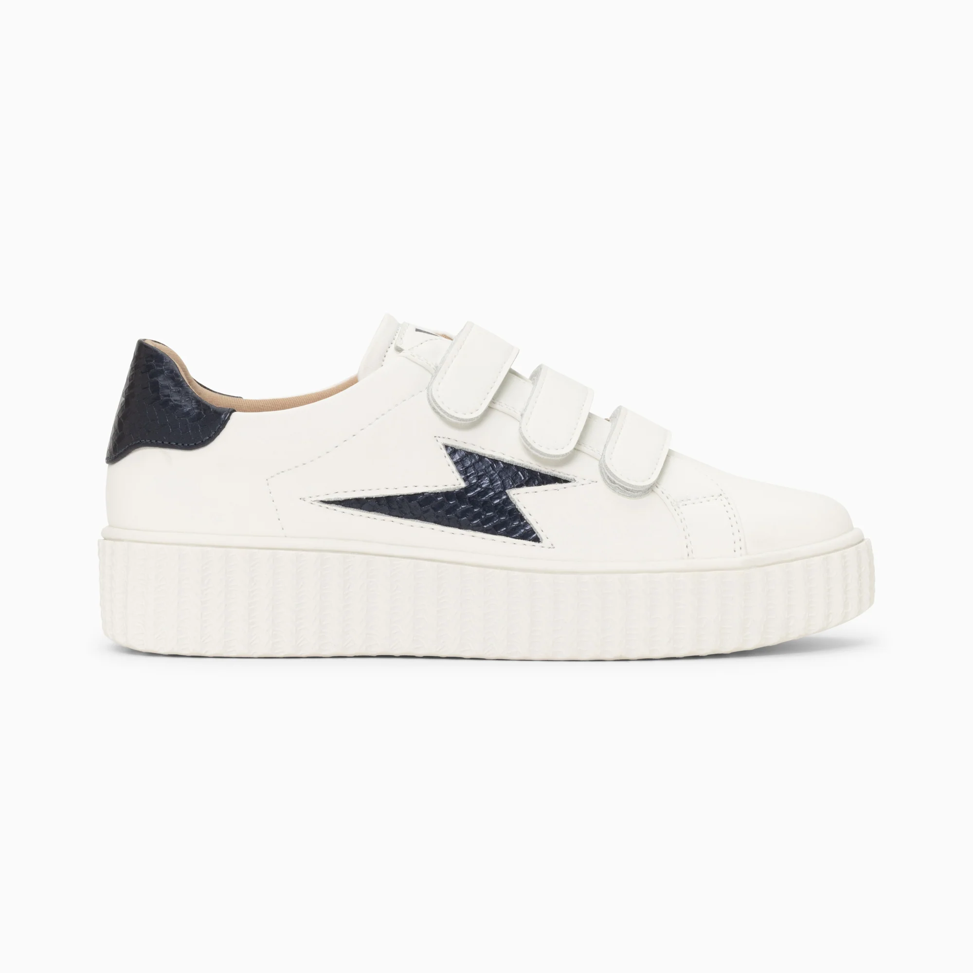 Sneakers-Baskets éclair Eva blanc et bleu marine serpent à scratchs