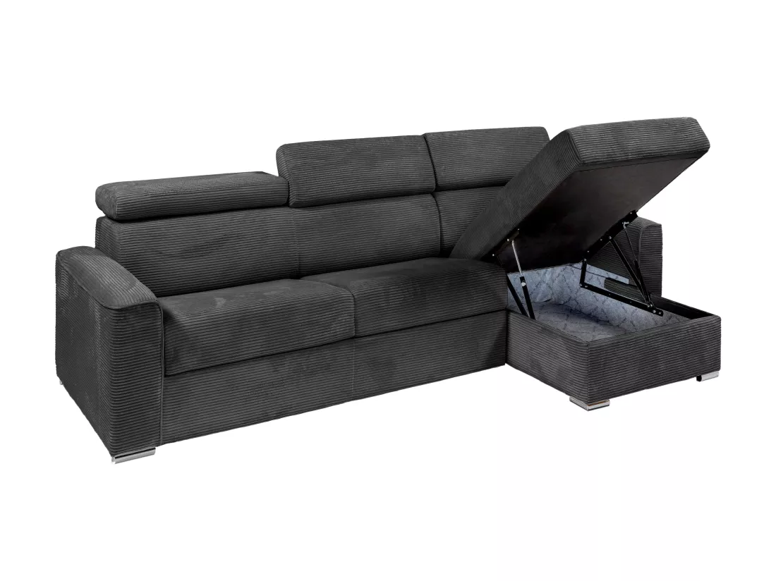 Canapé d'angle réversible convertible express en velours côtelé gris anthracite - Couchage à lattes larges 160 cm - Matelas 22 cm mémoire de forme - VIZIR
