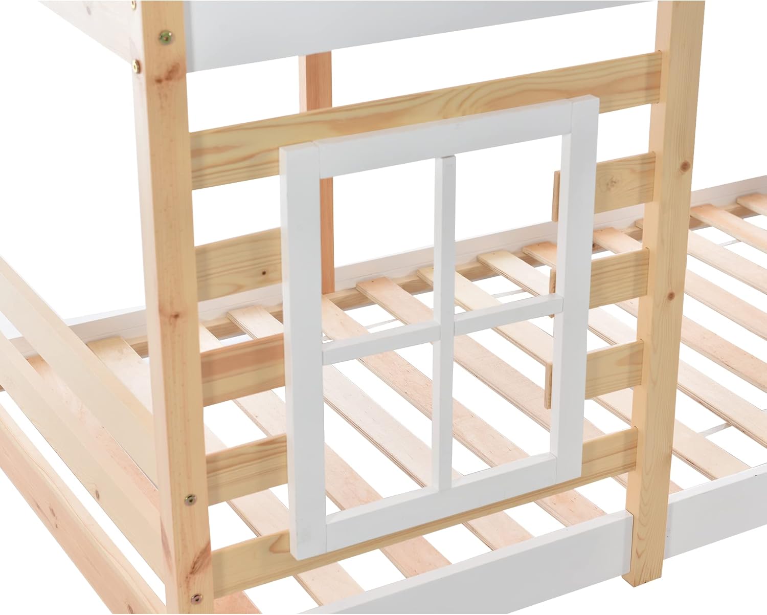 Kinderbett Baumhaus 90×200 cm EN747-1 (Natur/Weiß, Fensterdesign & Stauraum)，Sicheres Etagenbett mit Rausfallschutz & 2x Lattenrost – Platzsparendes Spielbett für kreatives Schlafzimmer，Ohne Matratze VM7696769