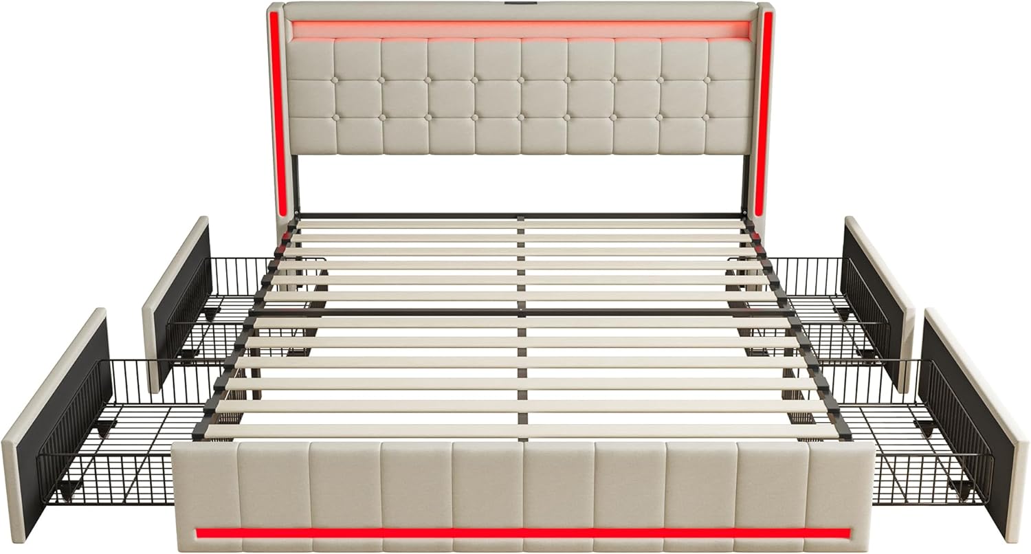 Bett mit Bettkasten,140x190 cm mit LED,gepolstertes Bett mit 4 Schubladen,gepolstertes Bett mit USB-Ladeanschlüssen und Typ-C-Ladeanschlüssen,auf dem Nachttisch,Doppelbett,gepolstert,für 2 Personen