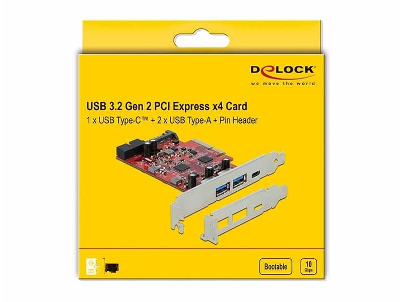 Delock PCI-Express-Karte USB-C / USB-A / intern USB 5 Gbps Delock PCI Express x4 Karte zu 1 x extern USB Type-C Buchse   2 x extern USB Typ-A Buchse SuperSpeed USB 10 Gbps   1 x intern USB 5 Gbps Pfostenstecker