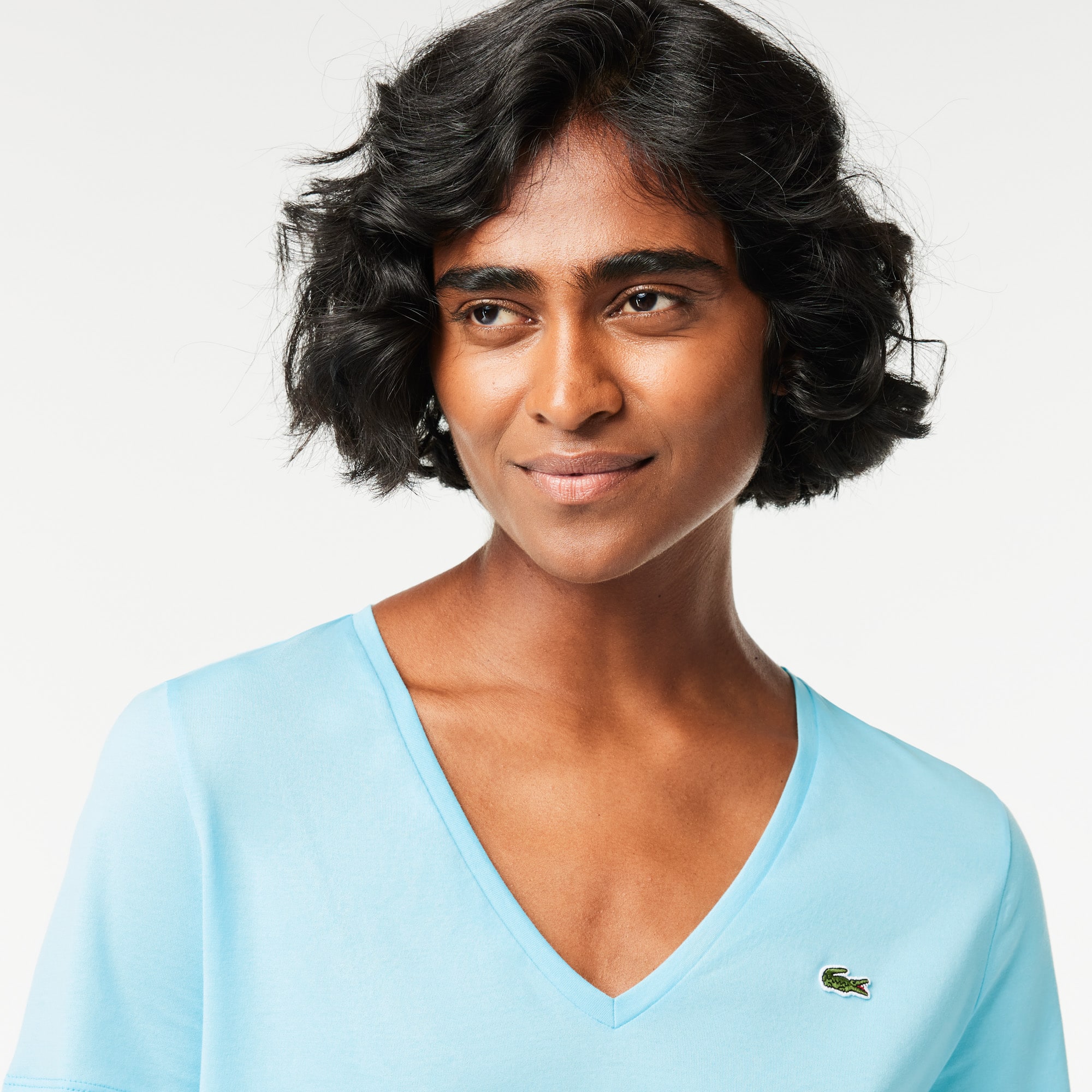 T-shirt à col V loose fit en coton uni T-Shirts - Bleu - Lacoste - Femme