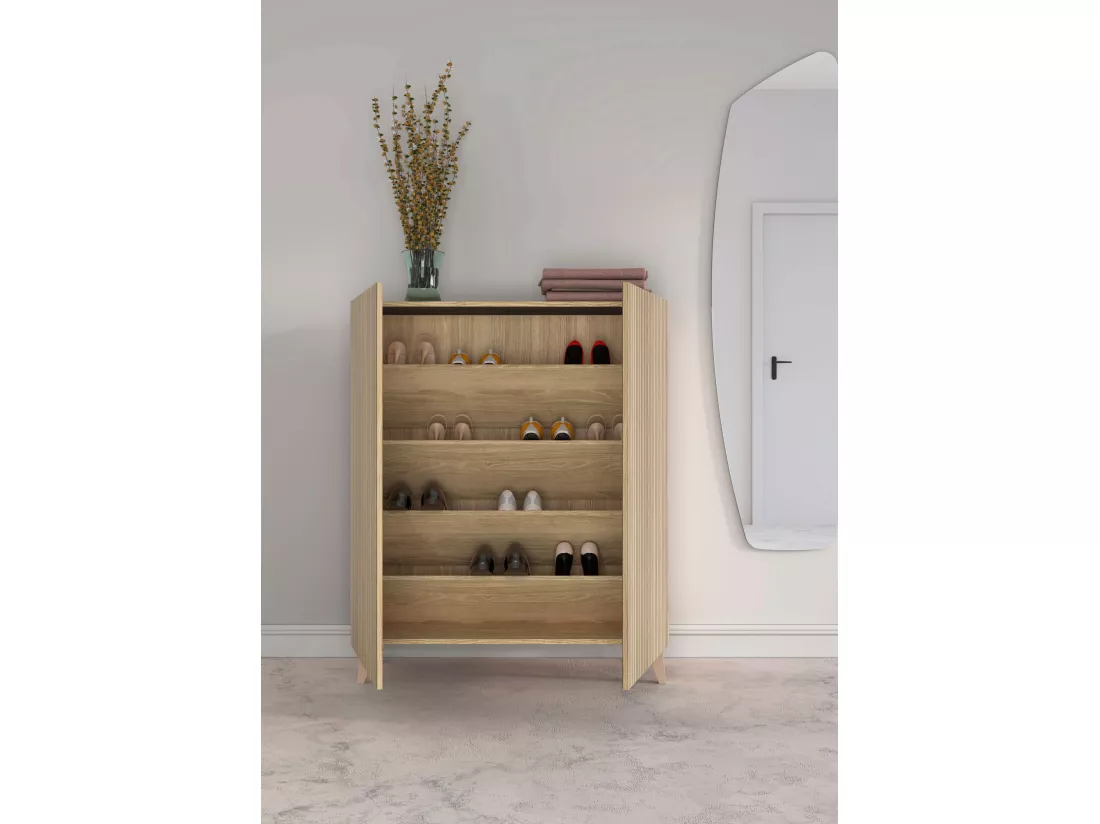 Meuble à chaussures/rangement - H109cm x L90cm x P27cm chêne doré portes impression lattes - Narvik