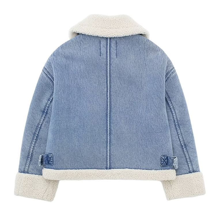 SugaYuja - Gewassen fleece denim jack met kraag en rits