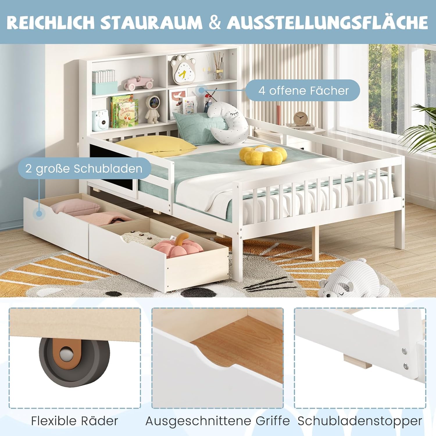 COSTWAY 140 x 200 cm Kinderbett mit Rausfallschutz & Zeichenbrett, Jugendbett mit 2 Schubladen, Bücherregal & Lattenrost, Holzbett weiß, Doppelbett für Jungen und Mädchen