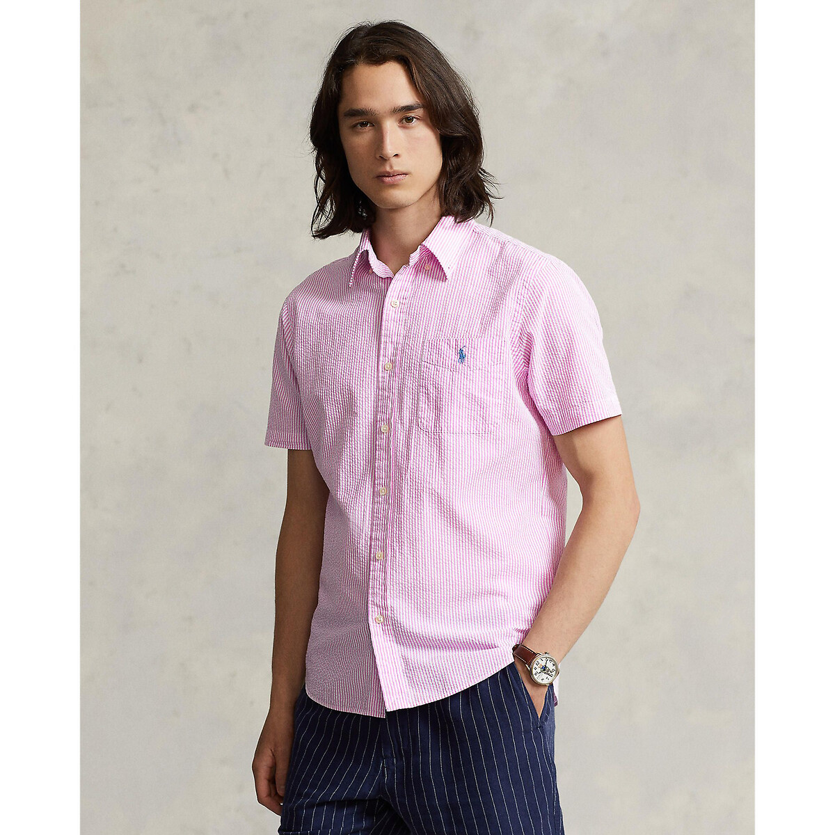 Camisa POLO RALPH LAUREN em tecido seersucker com logotipo bordado
